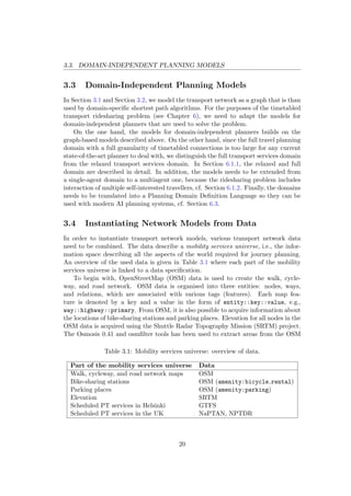 3.3. DOMAIN-INDEPENDENT PLANNING MODELS
3.3 Domain-Independent Planning Models
In Section 3.1 and Section 3.2, we model the transport network as a graph that is than
used by domain-speciﬁc shortest path algorithms. For the purposes of the timetabled
transport ridesharing problem (see Chapter 6), we need to adapt the models for
domain-independent planners that are used to solve the problem.
On the one hand, the models for domain-independent planners builds on the
graph-based models described above. On the other hand, since the full travel planning
domain with a full granularity of timetabled connections is too large for any current
state-of-the-art planner to deal with, we distinguish the full transport services domain
from the relaxed transport services domain. In Section 6.1.1, the relaxed and full
domain are described in detail. In addition, the models needs to be extended from
a single-agent domain to a multiagent one, because the ridesharing problem includes
interaction of multiple self-interested travellers, cf. Section 6.1.2. Finally, the domains
needs to be translated into a Planning Domain Deﬁnition Language so they can be
used with modern AI planning systems, cf. Section 6.3.
3.4 Instantiating Network Models from Data
In order to instantiate transport network models, various transport network data
need to be combined. The data describe a mobility services universe, i.e., the infor-
mation space describing all the aspects of the world required for journey planning.
An overview of the used data is given in Table 3.1 where each part of the mobility
services universe is linked to a data speciﬁcation.
To begin with, OpenStreetMap (OSM) data is used to create the walk, cycle-
way, and road network. OSM data is organised into three entities: nodes, ways,
and relations, which are associated with various tags (features). Each map fea-
ture is denoted by a key and a value in the form of entity::key::value, e.g.,
way::highway::primary. From OSM, it is also possible to acquire information about
the locations of bike-sharing stations and parking places. Elevation for all nodes in the
OSM data is acquired using the Shuttle Radar Topography Mission (SRTM) project.
The Osmosis 0.41 and osmﬁlter tools has been used to extract areas from the OSM
Table 3.1: Mobility services universe: overview of data.
Part of the mobility services universe Data
Walk, cycleway, and road network maps OSM
Bike-sharing stations OSM (amenity:bicycle rental)
Parking places OSM (amenity:parking)
Elevation SRTM
Scheduled PT services in Helsinki GTFS
Scheduled PT services in the UK NaPTAN, NPTDR
20
 