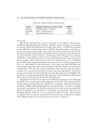3.4. INSTANTIATING NETWORK MODELS FROM DATA
Table 3.2: Spatial reference systems used.
Area Spatial reference system name SRID
Prague S-JTSK (Ferro) / Krovak 2 065
Helsinki KKJ / Finland zone 2 2 392
UK British National Grid 27 700
data dump.
Data about scheduled PT services is imported in two diﬀerent data formats.
In Helsinki, Helsinki Regional Transport Authority openly provides the timetables
in General Transit Feed Speciﬁcation (GTFS) data format. A GTFS feed contains
several CSV-like text ﬁles compressed in a ZIP ﬁle. Each ﬁle models a particular as-
pect of transit information: stops, routes, trips, and other timetable data. In the UK,
PT data is publicly available from the Department for Transport of the British Gov-
ernment. The PT stops are deﬁned in the National Public Transport Access Nodes
(NaPTAN), a UK national system for uniquely identifying all the points of access to
public transport. Every point of access (bus stop, railway station, etc.) is identiﬁed
by an ATCO code (a unique identiﬁer for all points of access to public transport in the
UK), e.g., 9100YORK for York Rail Station. Each stop in the NaPTAN XML data
is also supplemented by common name, latitude, longitude, address and other pieces
of information. This data also contains information about how the stops are grouped
together (e.g., several bus bays that are located at the same bus station). The timeta-
bles are stored inside the National Public Transport Data Repository (NPTDR). The
timetables are represented using TransXChange data format which is an XML-based
UK standard for interchange of route and timetable data.
Geographical locations of all nodes in the OSM data and stops in the GTFS and
NaPTAN data are represented as their longitude and latitude values using the World
Geodetic System (version WGS 84). WGS 84 is a geographic coordinate system type
identiﬁed by SRID 4 326 (Spatial Reference System Identiﬁer). In order to simplify
the complex calculation of the Euclidean distance between two nodes expressed in the
WGS 84 coordinates (the calculation is for example very frequently used in the A*
Euclidean distance heuristic), we use a projected coordinate system. The projected
coordinate system is regional and projects the location from a spheroid to a plane.
Three diﬀerent projected coordinate systems are used, cf. Table 3.2.
21
 
