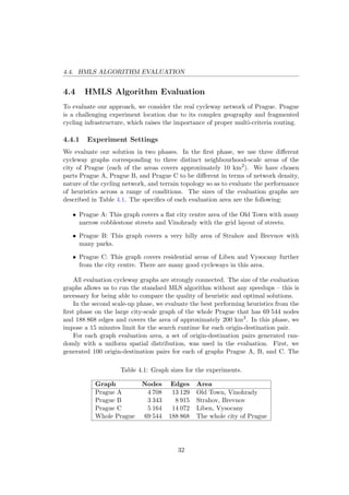 4.4. HMLS ALGORITHM EVALUATION
4.4 HMLS Algorithm Evaluation
To evaluate our approach, we consider the real cycleway network of Prague. Prague
is a challenging experiment location due to its complex geography and fragmented
cycling infrastructure, which raises the importance of proper multi-criteria routing.
4.4.1 Experiment Settings
We evaluate our solution in two phases. In the ﬁrst phase, we use three diﬀerent
cycleway graphs corresponding to three distinct neighbourhood-scale areas of the
city of Prague (each of the areas covers approximately 10 km2
). We have chosen
parts Prague A, Prague B, and Prague C to be diﬀerent in terms of network density,
nature of the cycling network, and terrain topology so as to evaluate the performance
of heuristics across a range of conditions. The sizes of the evaluation graphs are
described in Table 4.1. The speciﬁcs of each evaluation area are the following:
• Prague A: This graph covers a ﬂat city centre area of the Old Town with many
narrow cobblestone streets and Vinohrady with the grid layout of streets.
• Prague B: This graph covers a very hilly area of Strahov and Brevnov with
many parks.
• Prague C: This graph covers residential areas of Liben and Vysocany further
from the city centre. There are many good cycleways in this area.
All evaluation cycleway graphs are strongly connected. The size of the evaluation
graphs allows us to run the standard MLS algorithm without any speedups – this is
necessary for being able to compare the quality of heuristic and optimal solutions.
In the second scale-up phase, we evaluate the best performing heuristics from the
ﬁrst phase on the large city-scale graph of the whole Prague that has 69 544 nodes
and 188 868 edges and covers the area of approximately 200 km2
. In this phase, we
impose a 15 minutes limit for the search runtime for each origin-destination pair.
For each graph evaluation area, a set of origin-destination pairs generated ran-
domly with a uniform spatial distribution, was used in the evaluation. First, we
generated 100 origin-destination pairs for each of graphs Prague A, B, and C. The
Table 4.1: Graph sizes for the experiments.
Graph Nodes Edges Area
Prague A 4 708 13 129 Old Town, Vinohrady
Prague B 3 343 8 915 Strahov, Brevnov
Prague C 5 164 14 072 Liben, Vysocany
Whole Prague 69 544 188 868 The whole city of Prague
32
 