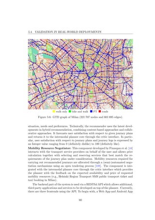 5.4. VALIDATION IN REAL-WORLD DEPLOYMENTS
walk only bike and walk PT roads
Figure 5.6: GTD graph of Milan (221 707 nodes and 601 695 edges).
situation, needs and preferences. Technically, the recommender uses the latest devel-
opments in hybrid recommendation, combining content-based approaches and collab-
orative approaches. It forecasts user satisfaction with respect to given journey plans
and returns it to the intermodal planner core through the critic interface. In partic-
ular, user satisfaction with respect to journey plans and journey legs is expressed by
an Integer value ranging from 0 (deﬁnitely dislike) to 100 (deﬁnitely like).
Mobility Resource Negotiator: This component developed by Finnegan et al. [44]
interacts with the transport service providers on behalf of the user and allows price
calculation together with selecting and reserving services that best match the re-
quirements of the journey plan under consideration. Mobility resources required for
carrying out recommended journeys are allocated through a (semi-)automated nego-
tiation mechanisms using an open tendering process [108]. The component is inte-
grated with the intermodal planner core through the critic interface which provides
the planner with the feedback on the expected availability and price of requested
mobility resources (e.g., Helsinki Region Transport SMS public transport ticket and
taxi booking in Milan).
The backend part of the system is used via a RESTful API which allows additional,
third party applications and services to be developed on top of the planner. Currently,
there are three frontends using the API. To begin with, a Web App and Android App
60
 