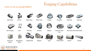12
Valve Body Bonnet Major Gate Minor Gate Flanges Wing Nut Slab Gate Slab Gate
Ram Forging Cross Solid Tee 5A Body Adapter Butterfly Valve
Disc
Dual Plate Check Valve Body
Tees/Cross
Block
Round/Gear
Blank
Flange Shaft Adaptor Spool Hollow Shaft Tubular Tubular
VALVE & OIL & GAS EQUIPMENT
Forging Capabilities
 