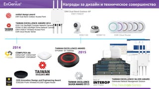 2015
TAIWAN EXCELLENCE AWARD 2014
EDS1130 Day/Night Compact Network Camera
EDS6110 Mini Day/Night Dome Network Camera
ENH1750EXT Wireless Access Point
ESR Cloud Router Series
reddot design award
ENH Dual Band Outdoor Access Point
CES Innovation Design and Engineering Award
ESR2300 ProAV Wireless AC2300 Gigabit Router
ESR Cloud RouterEDS6110
ENH Dual Band Outdoor AP
ENH1750EXT
COMPUTEX d&i
EWS210AP / EWS310AP
EWS320AP / EWS360AP
EDS1130
2014 TAIWAN EXCELLENCE AWARD
EPG5000 IoT Gateway
TAIWAN EXCELLENCE SILVER AWARD
Distributed Network Management Solution
Награды за дизайн и техническое совершенство
 