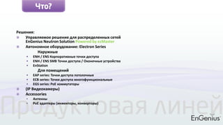 Продуктовая линей
Что?
Решения:
 Управляемое решение для распределенных сетей
EnGenius Neutron Solution Powered by ezMaster
 Автономное оборудование: Electron Series
Наружные
 ENH / ENS Корпоративные точки доступа
 ENH / ENS SMB Точки доступа / Оконечные устройства
 EnStation
Для помещений
 EAP series: Точки доступа потолочные
 ECB series: Точки доступа многофункциональные
 EGS series: PoE коммутаторы
 (IP Видеокамеры)
 Accessories
 Антенны
 PoE адаптеры (инжекторы, конверторы)
 