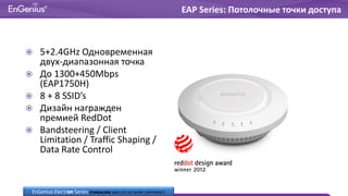  5+2.4GHz Одновременная
двух-диапазонная точка
 До 1300+450Mbps
(EAP1750H)
 8 + 8 SSID’s
 Дизайн награжден
премией RedDot
 Bandsteering / Client
Limitation / Traffic Shaping /
Data Rate Control
EAP Series: Потолочные точки доступа
EnGenius Electron Series STANDALONE WIRELESS NETWORK COMPONENTS
 