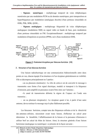 Conception et implémentation d’un outil de dimensionnement des installations et des équipements utilisés
dans les systèmes de transmission par faisceau hertzien
15 Mémoire de fin d’étude d’ingénieur Informatique
Options : Réseaux et Télécommunications
rédigé et soutenu par Cedric KAYO TSEMO
- Signaux numériques : multiplexage temporel de voies téléphoniques
numérisées par une modulation PCM ou de données numériques, puis transposition en
hyperfréquences par modulation (analogique discrète) d'une porteuse sinusoïdale en
OOK, PSK, MSK, QAM,...
- Signaux analogiques : multiplexage fréquentiel de voies téléphoniques
analogiques (modulation SSB) ou signal vidéo en bande de base, puis modulation
d'une porteuse sinusoïdale en FM. Exceptionnellement : multiplexage temporel par
modulation d'impulsion en position (PPM), suivi d'une modulation OOK.
Figure 5 : Emission/réception par faisceau hertzien [10]
3. Structure d’un faisceau hertzien
Une liaison radioélectrique est une communication bidirectionnelle entre deux
points en vue, chacun équipé d’un émetteur et d’un récepteur généralement en visibilité.
Elle se décompose principalement en 3 parties :
- un ou plusieurs émetteur(s) : Le rôle de celui-ci est de convertir le message à
transmettre sous forme d’un signal électrique, modulé et transposé à la fréquence
d’émission, puis amplifié en puissance avant d’être émis sur l’antenne ;
- le canal de transmission délimite la région de l’espace où l’onde sera
transmise ;
- un ou plusieurs récepteur(s) : Le récepteur quant à lui, à partir d’une autre
antenne, devra restituer le message reçu le plus fidèlement possible.
Les faisceaux hertziens, compte tenu des fréquences utilisées et de la directivité
des antennes utilisées, nécessitent avant toute liaison, d'effectuer un calcul pour
déterminer la faisabilité, l’affaiblissement de la liaison et la puissance d'émission à
utiliser bref un calcul du bilan de liaison. Ainsi, la structure générale d’une liaison
hertzienne (analogique ou numérique) se présente de la façon suivante :
 
