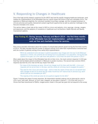 10
V. Responding to Changes in Healthcare
One of the high-priority research questions for the IAFCC was how the rapidly changing healthcare landscape, most
notably the implementation of the Affordable Care Act, would impact the future of free and charitable clinics. The
expansion of Medicaid eligibility, the individual mandate to purchase coverage, and the increased emphasis on
clinical outcomes and quality improvement present significant opportunities as well as potential challenges to the
free and charitable clinic sector.
This section takes a closer look at the impact of ACA on clinics and patients; clinic openings, closings, mergers,
and expansions; and the adoption of innovations in healthcare such as Electronic Health Records and Quality
Improvement systems.
Key Finding #5: During January, February and March 2014 – the first three months
of the Affordable Care Act implementation – patients continued to
seek out free and charitable clinics for services.
Nine clinics provided information about the number of unduplicated patients served during the first three months
of 2014. The data indicates that the number of patients visiting clinics after ACA implementation remained level
with the number of patients visiting clinics before ACA implementation.
	 “While we understand some decrease in patient population may change over time due to the Medicaid
expansion in Illinois, we currently are not seeing much of a decrease in our population. During the first
quarter of this year, our clinic saw more new patients in 2014 than the same time period in 2013.”
When asked about the impact of the Affordable Care Act on their clinic, the most common response (11/22) was
that they had facilitated patient enrollment in Medicaid or private insurance. The second most common (9/22)
response was that the clinic had not felt any impact from ACA.
	“For many of the homeless we serve, life will not change much for them with the ACA: clinics and
hospitals still do not let them in the door, and the clients do not know how to navigate the system.”
	“The need for free clinics will remain huge – both to meet the needs of those who do not benefit from
ACA coverage as well as for those who are newly insured but still need access to services (e.g. adult
dental) that are not mandated per ACA.”
	“The majority of the clients we serve do not qualify to register for the ACA.”
Figure 7 displays the range of survey responses. No respondents reported making cuts (or planning for cuts) to
clinic hours, paid staff, services, or clinic sites. However, as discussed in Section 1, 10 of the free clinics in
Illinois that have transitioned to FQHCs, merged and/or closed in the past two years did not respond to the survey.
 
