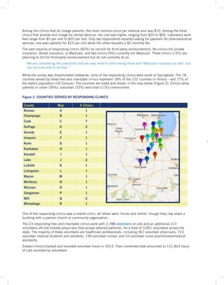 3
While the survey was disseminated statewide, none of the responding clinics were south of Springfield. The 18
counties served by these free and charitable clinics represent 18% of the 102 counties in Illinois – and 77% of
the state’s population (US Census). The counties are listed and shown in the map below (Figure 2). Clinics serve
patients in urban (56%), suburban (33%) and rural (11%) communities
One of the responding clinics was a mobile clinic; all others were ‘bricks and mortar’ though they may share a
building with a partner church or community organization.
The 23 responding free and charitable clinics work with 2,788 volunteers on-site and an additional 213
volunteers off-site (mostly physicians that accept referred patients), for a total of 3,001 volunteers across the
state. The majority of these volunteers are healthcare professionals, including 907 volunteer physicians, 723
volunteer medical students and residents, 199 volunteer nurses, and 53 volunteer nurse practitioners/medical
assistants.
Sixteen clinics tracked and recorded volunteer hours in 2013. Their combined total amounted to 151,824 hours
of care provided by volunteers.
Figure 2. COUNTIES SERVED BY RESPONDING CLINICS
County Map # Clinics
Bureau A 1
Champaign B 1
Cook C 7
DuPage D 2
Grundy E 1
Iroquois F 1
Kane G 1
Kankakee H 1
Kendall I 1
Lake J 2
LaSalle K 1
Livingston L 1
Macon M 1
McHenry N 1
McLean O 1
Sangamon P 1
Will Q 2
Winnebago R 1
Among the clinics that do charge patients, the most common price per medical visit was $10. Among the three
clinics that provide and charge for dental services, the cost was higher, ranging from $20 to $60. Laboratory work
fees range from $5 per visit to $20 per test. Only two respondents reported asking for payment for pharmaceutical
services; one asks patients for $10 per visit while the other requests a $5 monthly fee.
The vast majority of responding clinics (82%) do not bill for third-party reimbursement. No clinics bill private
insurance, dental insurance, or Medicare, and two clinics (9%) currently bill Medicaid. Three clinics (13%) are
planning to bill for third-party reimbursement but do not currently do so.
“We are considering the possibility that we may need to start seeing those with Medicaid insurance as well, but
are not sure how to do that.”
 