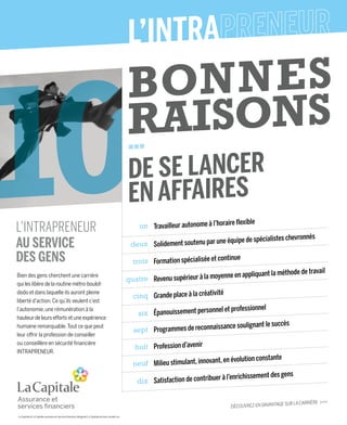 DÉCOUVREZ-EN DAVANTAGE SUR LA CARRIÈRE >>>
L’INTRAPRENEUR
AU SERVICE
DES GENS
Bien des gens cherchent une carrière
qui les libère de la routine métro-boulot-
dodo et dans laquelle ils auront pleine
liberté d’action. Ce qu’ils veulent c’est
l’autonomie, une rémunération à la
hauteur de leurs efforts et une expérience
humaine remarquable.Tout ce que peut
leur offrir la profession de conseiller
ou conseillère en sécurité financière
INTRAPRENEUR.
L’INTRA
Travailleur autonome à l’horaire flexible
un
deux
trois
quatre
cinq
six
sept
huit
neuf
dix
Solidement soutenu par une équipe de spécialistes chevronnés
Formation spécialisée et continue
Revenu supérieur à la moyenne en appliquant la méthode de travail
Grande place à la créativité
Épanouissement personnel et professionnel
Programmes de reconnaissance soulignant le succès
Profession d’avenir
Milieu stimulant,innovant,en évolution constante
Satisfaction de contribuer à l’enrichissement des gens
EN AFFAIRES
DE SE LANCER
BONNES
RAISONS
La Capitale et La Capitale assurance et services financiers désignent La Capitale services conseils inc.
 