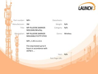 Part number: MP+ Datasheets:
Manufacturer: 3M Weight: N/A
Title: MP-PLUSFIRE BARRIER
MOLDABLE&hellip;
Category: N/A
Description: MP-PLUSFIRE BARRIER
MOLDABLE PUTTY STICK
MP+, 1.45 in x 6 in
Fire stop tested up to 4
hours in accordance with
ASTM E ...
Genre: Wireless
Heci: N/A
Part Page URL:
 