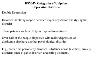 DSM-IV Categories of Unipolar  Depressive Disorders Over half of the people diagnosed with major depression or  dysthymia also have another psychological disorder E.g., borderline personality disorder, substance abuse (alcohol), anxiety disorders such as panic disorder, and eating disorders. Double Depression Disorder involving a cycle between major depression and dysthymic disorder These patients are less likely to respond to treatment 