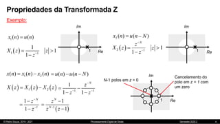 © Pedro Souza, 2019 - 2021 Processamento Digital de Sinais Semestre 2020.2
Propriedades da Transformada Z
Exemplo:
4
1( ) ( )
x n u n
 2 ( ) ( )
x n u n N
 
 
1 1
1
1
1
X z z
z
 

 
2 1
1
1
N
z
X z z
z


 

1 2
( ) ( ) ( )
x n x n x n
  ( ) ( )
u n u n N
  
     
1 2
X z X z X z
  1 1
1
1 1
N
z
z z

 
 
 
1
1
1
N
z
z




  
1
1
1
N
N
z
z z




Im
Re
1
Im
Re
1
Im
Re
N-1 polos em z = 0
Cancelamento do
polo em z = 1 com
um zero
1
 