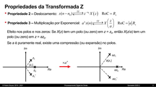 © Pedro Souza, 2019 - 2021 Processamento Digital de Sinais Semestre 2020.2
Propriedades da Transformada Z
• Propriedade 2 – Deslocamento:
5
 
0
0
( ) RoC
TZ n
x
x n n z X z R



 


• Propriedade 3 – Multiplicação por Exponencial: ( ) RoC
TZ
n
x
z
a x n X a R
a
 

 

  
 
Efeito nos polos e nos zeros: Se X(z) tem um polo (ou zero) em z = z0, então X(z/a) tem um
polo (ou zero) em z = az0.
Se a é puramente real, existe uma compressão (ou expansão) no polos.
Im
Re
z0
z1
z1
*
|z1|
Im
Re
az0
az1
a|z1|
n
a

az1
*
 
