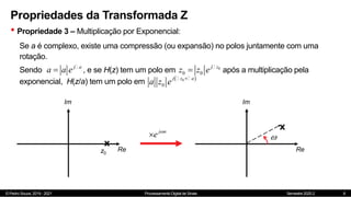© Pedro Souza, 2019 - 2021 Processamento Digital de Sinais Semestre 2020.2
Sendo , e se H(z) tem um polo em após a multiplicação pela
exponencial, H(z/a) tem um polo em
Propriedades da Transformada Z
• Propriedade 3 – Multiplicação por Exponencial:
6
Se a é complexo, existe uma compressão (ou expansão) no polos juntamente com uma
rotação.
j a
a a e
 0
0 0
j z
z z e

 
0
0
j z a
a z e

Im
Re
z0
j n
e 

Im
Re

 