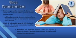 • Deterioros perceptivo-motrices: Problemas para
coordinar la recepción auditiva y visual con una
respuesta motriz.
• Labilidad emocional: Amplios cambios de humor y
comportamiento que no parecen estar relacionados
con la situación.
• Déficit de orientación general: Dificultad en la
realización de diversos movimientos motrices
(torpeza de movimientos).
• Trastornos de atención: Períodos cortos de atención y
distracción general (Dificultad para mantener la atención ante
estímulos o tareas relevantes).
 