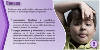 Los factores que pueden influir en la progresión de los
problemas de aprendizaje incluyen los siguientes:
 Antecedentes familiares y genética. Los
antecedentes familiares de problemas de aprendizaje
aumentan el riesgo de que un niño desarrolle, por
herencia genética, un trastorno.
 Riesgos prenatales y neonatales. El crecimiento
deficiente en el útero (restricción grave del
crecimiento intrauterino), la exposición al alcohol o a
las drogas antes de nacer, el nacimiento prematuro y
el bajo peso al nacer se han relacionado también con
los problemas de aprendizaje.
 