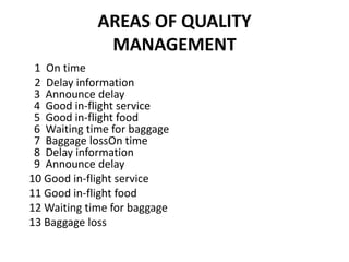 AREAS OF QUALITY
              MANAGEMENT
 1 On time
 2 Delay information
 3 Announce delay
 4 Good in-flight service
 5 Good in-flight food
 6 Waiting time for baggage
 7 Baggage lossOn time
 8 Delay information
 9 Announce delay
10 Good in-flight service
11 Good in-flight food
12 Waiting time for baggage
13 Baggage loss
 