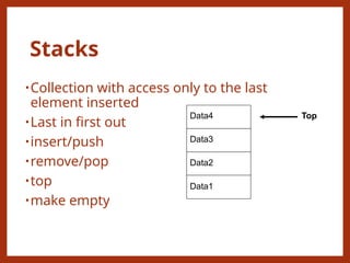 Stacks
•Collection with access only to the last
element inserted
•Last in first out
•insert/push
•remove/pop
•top
•make empty
Top
Data4
Data3
Data2
Data1
 