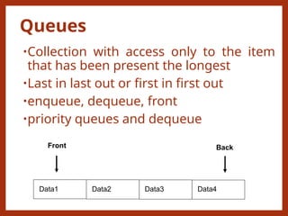 Queues
•Collection with access only to the item
that has been present the longest
•Last in last out or first in first out
•enqueue, dequeue, front
•priority queues and dequeue
Data4
Data3
Data2
Data1
Front Back
 