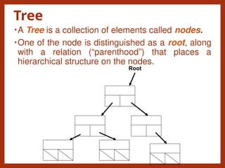 Tree
•A Tree is a collection of elements called nodes.
•One of the node is distinguished as a root, along
with a relation (“parenthood”) that places a
hierarchical structure on the nodes.
Root
 