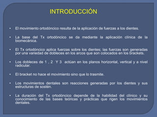 • El movimiento ortodóncico resulta de la aplicación de fuerzas a los dientes.
• La base del Tx ortodóncico se da mediante la aplicación clínica de la
biomecánica.
• El Tx ortodóncico aplica fuerzas sobre los dientes; las fuerzas son generadas
por una variedad de dobleces en los arcos que son colocados en los brackets.
• Los dobleces de 1 , 2 Y 3 actúan en los planos horizontal, vertical y a nivel
radicular.
• El bracket no hace el movimiento sino que lo trasmite.
• Los movimientos dentales son reacciones generadas por los dientes y sus
estructuras de sostén.
• La duración del Tx ortodóncico depende de la habilidad del clínico y su
conocimiento de las bases teóricas y prácticas que rigen los movimientos
dentales.
INTRODUCCIÓN
 