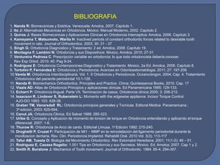 BIBLIOGRAFIA
1. Nanda R: Biomecánicas y Estética. Venezuela: Amolca, 2007. Capítulo 1.
2. Ito J: Alternativas Mecánicas en Ortodoncia. México: Manual Moderno, 2002. Capítulo 2.
3. Quiros J: Bases Biomecánicas y Aplicaciones Clínicas en Ortodoncia Interceptiva: Amolca, 2006. Capítulo 3
4. Kameyama T, Matsumoto, Warita H: Inactived periods of constant orthodontic forces related to desirable tooth
movement in rats. Journal of Orthodontics. 2003; 30: 31 - 37
5. Singh G: Ortodoncia Diagnóstico y Tratamiento: 2 ed. Amolca, 2009. Capítulo 19.
6. Montagna F, Lambini N: Ortodoncia y sus Dispositivos: México, Amolca, 2010; 27-31
7. Ventureira Pedrosa C. Prescripción variable en ortodoncia: lo que todo ortodoncista debería conocer.
Rev Esp Ortod. 2010; 40: Pag 9-24.
8. Rodríguez E: Ortodoncia Contemporánea Diagnóstico y Tratamiento. México, 2a Ed. Amolca, 2008. Capítulo 8.
9. Tortolini P, Fernández E: Ortodoncia y Periodoncia. Avances en Odontoestomatología. 2011; 27: 197-206
10.Varela M: Ortodoncia Interdisciplinaria. Vol. 1. II Ortodoncia y Periodoncia. Océano/engon. 2004; Cap. 4. Tratamiento
Ortodóncico del paciente periodontal 10:1-126.
11. Nanda R: Biomechanics Orthodontics. Principles and Practice. China: Quintessence Books, 2010. Cap. 17
12. Viazis AD: Atlas de Ortodoncia Principios y aplicaciones clínicas. Ed Panamericana 1995; 129-133.
13. Echarri P: Ortodoncia lingual. Parte VII. Terminación de casos, Ortodoncia clínica 2000; 3: 206-212.
14. Isaacson R, Lindaver S, Rubenstein L: Moments with the edgewise appliance. Incisor Torque Control.
AJO-DO 1993: 103: 428-38.
15. Graber TM, Vanarsdall RL: Ortodoncia principios generales y Técnicas. Editoral Médica Panamericana ;
3a edición, 2003: 625-694.
16. Canut JA: Ortodoncia Clinica. Ed Salvat 1988: 285-323.
17. Uribe G. Concepto y Aplicación de momento de torsión de torque en Ortodoncia entendiendo y aplicando el torque
diferencial. 2007: 1-6.
18. Thurow R: Ortodoncia de Arco de canto. Editorial Limusa. 1a Edición 1992: 215-240.
19. Droghetti P, Cruzat F: Participación de Mt1 – MMP en la remodelación del ligamento periodontal durante la
movilización dentaria. Rev. Clin. Periodoncia Implantol. Rehabilit Oral. 2010 Vol. 3(3); 113-117
20. Tafur AM, Tuesta O: Biología del Movimiento Ortodóntico. Rev Estomatol Herediana. 2001; 11(1-2): 46 – 51.
21. Rodríguez E, Casasa Rogelio: 1.001 Tips en Ortodoncia y sus Secretos. México. Ed. Amolca; 2007. Cap 1 y 2.
22. Smith R. Burstone J: Mechanics of Tooth movement. Journal of Orthodontic. 1984. 85-4. 294-307.
 