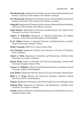 Nitsa Rosenzweig, Department of Chemistry and the Advanced Materials Research
Institute, University of New Orleans, New Orleans, Louisiana
Zeev Rosenzweig, Department of Chemistry and the Advanced Materials Research
Institute, University of New Orleans, New Orleans, Louisiana
Lifang Shi, Department of Chemistry and the Advanced Materials Research Institute,
University of New Orleans, New Orleans, Louisiana
Sergei Smirnov, Department of Chemistry and Biochemistry, New Mexico State
University, Las Cruces, New Mexico
Andrew J. Sutherland, Department of Chemical Engineering and Applied
Chemistry, Aston University, Birmingham, United Kingdom
R. M. Vallant, Institute of Analytical Chemistry and Radiochemistry, Leopold-
Franzens University, Innsbruck, Austria
Walter Vastarella, ENEA C.R. Casaccia, Rome, Italy
Ivan Vlassiouk, Department of Physics and Astronomy, University of California,
Irvine, California
Andrew J. Wain, Department of Chemistry and Biochemistry, California State
University, Los Angeles, California
Jianxiu Wang, School of Chemistry and Chemical Engineering, Central South
University, Changsha, Hunan, China
Gregory G. Wildgoose, Physical and Theoretical Chemistry Laboratory, Oxford
University, Oxford, United Kingdom
Gary Withey, Engineering Division, Brown University, Providence, Rhode Island
Elicia L. S. Wong, Physical and Theoretical Chemistry Laboratory, Oxford
University, Oxford, United Kingdom
Ying Xu, Department of Chemistry, East China Normal University, Shanghai, China
Feimeng Zhou, Department of Chemistry and Biochemistry, California State
University, Los Angeles, California
Xu Zhu, School of Chemistry and Chemical Engineering, Central South University,
Changsha, Hunan, China
CONTRIBUTORS xiii
 