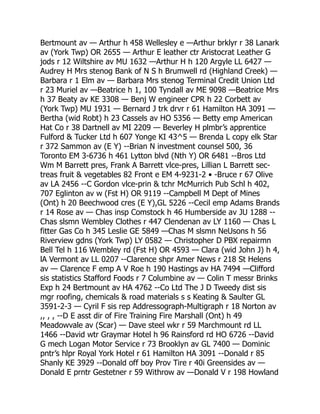 Bertmount av — Arthur h 458 Wellesley e —Arthur brklyr r 38 Lanark
av (York Twp) OR 2655 — Arthur E leather ctr Aristocrat Leather G
jods r 12 Wiltshire av MU 1632 —Arthur H h 120 Argyle LL 6427 —
Audrey H Mrs stenog Bank of N S h Brumwell rd (Highland Creek) —
Barbara r 1 Elm av — Barbara Mrs stenog Terminal Credit Union Ltd
r 23 Muriel av —Beatrice h 1, 100 Tyndall av ME 9098 —Beatrice Mrs
h 37 Beaty av KE 3308 — Benj W engineer CPR h 22 Corbett av
(York Twp) MU 1931 — Bernard J trk drvr r 61 Hamilton HA 3091 —
Bertha (wid Robt) h 23 Cassels av HO 5356 — Betty emp American
Hat Co r 38 Dartnell av MI 2209 — Beverley H plmbr’s apprentice
Fulford  Tucker Ltd h 607 Yonge KI 43^5 — Brenda L copy elk Star
r 372 Sammon av (E Y) --Brian N investment counsel 500, 36
Toronto EM 3-6736 h 461 Lytton blvd (Nth Y) OR 6481 --Bros Ltd
Wm M Barrett pres, Frank A Barrett vlce-pres, Lillian L Barrett sec-
treas fruit  vegetables 82 Front e EM 4-9231-2 • -Bruce r 67 Olive
av LA 2456 --C Gordon vlce-prin  tchr McMurrich Pub Schl h 402,
707 Eglinton av w (Fst H) OR 9119 --Campbell M Dept of Mines
(Ont) h 20 Beechwood cres (E Y),GL 5226 --Cecil emp Adams Brands
r 14 Rose av — Chas insp Comstock h 46 Humberside av JU 1288 --
Chas slsmn Wembley Clothes r 447 Clendenan av LY 1160 — Chas L
fitter Gas Co h 345 Leslie GE 5849 —Chas M slsmn NeUsons h 56
Riverview gdns (York Twp) LY 0582 — Christopher D PBX repairmn
Bell Tel h 116 Wembley rd (Fst H) OR 4593 — Clara (wid John J) h 4,
lA Vermont av LL 0207 --Clarence shpr Amer News r 218 St Helens
av — Clarence F emp A V Roe h 190 Hastings av HA 7494 —Clifford
sis statistics Stafford Foods r 7 Columbine av — Colin T messr Brinks
Exp h 24 Bertmount av HA 4762 --Co Ltd The J D Tweedy dist sis
mgr roofing, chemicals  road materials s s Keating  Saulter GL
3591-2-3 — Cyril F sis rep Addressograph-Multigraph r 18 Norton av
,, , , --D E asst dir of Fire Training Fire Marshall (Ont) h 49
Meadowvale av (Scar) — Dave steel wkr r 59 Marchmount rd LL
1466 --David wtr Graymar Hotel h 96 Rainsford rd HO 6726 --David
G mech Logan Motor Service r 73 Brooklyn av GL 7400 — Dominic
pntr’s hlpr Royal York Hotel r 61 Hamilton HA 3091 --Donald r 85
Shanly KE 3929 --Donald off boy Prov Tire r 40i Greensides av —
Donald E prntr Gestetner r 59 Withrow av —Donald V r 198 Howland
 