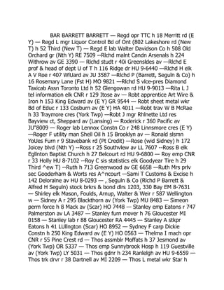 BAR BARRETT BARRETT — Regd opr TTC h 18 Merritt rd (E
Y) — Regd L mgr Liquor Control Bd of Ont (802 Lakeshore rd (New
T) h 52 Third (New T) — Regd E lab Walter Davidson Co h 508 Old
Orchard gr (Nth Y) RE 7509 --Rlchd malnt Candn Arsenals h 224
Withrow av GE 3390 — Rlchd studt r 40i Greensldes av —Rlchd E
prof  head of dept U of T h 116 Ridge dr HU 9-6440 —Rlchd H elk
A V Roe r 407 WlUard av JU 3587 —Rlchd P (Barrett, Seguln  Co) h
16 Rosemary Lane (Fst H) MO 9821 —Rlchd S vlce-pres Diamond
Taxicab Assn Toronto Ltd h 52 Glengowan rd HU 9-9013 —Rita L J
tel information elk CNR r 129 Itose av — Robt apprentice Art Wire 
Iron h 153 King Edward av (E Y) GR 9544 — Robt sheet metal wkr
Bd of Educ r 133 Cosburn av (E Y) HA 4011 —Robt trav W B McRae
h 33 Traymore cres (York Twp) —Robt J mgr Rhlnette Ltd res
Bayview ct, Sheppard av (Lansing) — Roderick r 360 Pacific av
JU8009 — Roger lab Lennox Constn Co r 248 Linnsmore cres (E Y)
—Roger F utility man Shell Oil h 15 Brooklyn av — Ronald slsmn
YoUes Furn r 9 Stavebank rd (Pt Credit) —Rose (wid Sidney) h 172
Joicey blvd (Nth Y) --Ross r 25 Southvlew av LL 7607 --Ross B elk
Egllnton Baptist Church h 27 Belcourt rd HU 9-6800 — Roy emp CNR
r 33 Holly HU 8-7102 --Roy C sis statistics elk Goodyear Tire h 29
Third ^ew T) --Ruth h 713 Greenwood av GE 6658 —Ruth Mrs prlv
sec Gooderham  Worts res A^ncourt —Sami T Customs  Excise h
142 Deloralne av HU 8-0293 — , Seguln  Co (Rlchd P Barrett 
Alfred H Seguln) stock brkrs  bond dlrs 1203, 330 Bay EM 8-7631
— Shirley elk Mason, Foulds, Arnup, Walter  Weir r 587 Wellington
w — Sidney A r 295 Blackthorn av (York Twp) MU 8483 — Simeon
perm force h 8 Mack av (Scar) HO 7448 — Stanley emp Eatons r 747
Palmerston av LA 3487 — Stanley furn mover h 76 Gloucester MI
0158 — Stanley lab r 88 Gloucester RA 4445 — Stanley A stkpr
Eatons h 41 LUllngton (Scar) HO 8952 — Sydney F carp Dickie
Constn h 250 King Edward av (E Y) HO 0563 — Thelma I mach opr
CNR r 55 Pine Crest rd — Thos assmblr Moffats h 37 Jesmond av
(York Twp) OR 5337 — Thos emp Sunnybrook Hosp h 119 Guestville
av (York Twp) LY 5031 — Thos gdnr h 234 Ranlelgh av HU 9-6559 —
Thos trk drvr r 38 Dartnell av MI 2209 — Thos L metal wkr Star h
 