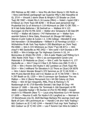 292 Melrose av RE 1465 — Vera Mrs elk Dom Stores h 192 Perth av
—Vera (wld Rlchd) pantograph opr Superior Mfg h 266 Hiawatha rd
GL 3714 — Vincent J slsmn Shaw  Wright h 33 Strader av (York
Twp) RE 5587 —Violet Mrs h 16 Louisa (Mlm) — Violet L typist CGE r
8 Falwyn av (York Twp) OR 8248 — W Bruce asst personnel mgr
Prudential Ins Co of America h 119 HlUmount av (Nth Y) OR 7591 —
W R lab Exlde Batteries r 38 Dartnell av — Wallace W h 123
Dunvegan rd (Fst H) MA 3233 — Walter drvr Simpsons h 60 Oak EM
4-4702 — Walter elk Eatons r 747 Palmerston av — Walter furn
assmblr Eatons h Nine Oaks, Rivercourt dr (Rouge Hill Valley) —
Warren A pntr Cullen  CuUen r 2, 1146 College --Wendell D emp
Inti Harvester r 35 Breadalbane —Wilbert h 10 Fennlngs LA 6521 —
WUhelmlna M elk York Twp Hydro h 295 Blackthprn av (York Twp)
MU 8483 — Wm h 372 Whitmore av (York T*ip) OR 8711 — Wm
chauf h 485 Davlsvllle av MO 2452 — Wm contr r 614 Dundas e EM
6-3855 — Wm A bridge opr Tor Highways Commn h 10, 14
Bonnyvlew dr (Etob) MU 2535 — Wm A pekr Maple Leaf Milling Co h
1961 Keele (York Twp) — Wm C sis correspondent Candn Line
Materials h 19 Medonte av (Scar) — Wm C with Tor Hydro h 4, 177
Davlsvllle av — Wm F Insp A V Roe h 25 Felmo cres (Nth Y) CH 1-
2736 — Wm J firemn Ont Hydro h 182 Lambton av (York Twp) MU
5514 — Wm J mlllhand Tor Elevators h 22 Thora av (Scar) OX 6076
— Wm J slsmn Wonder Bread h 372 Sammon av (E Y) HA 9150 —
Wm M pres Barrett Bros Ltd h 61 Nealon av (E Y) HA 9709 — Wm S
h 297 Booth av GL 1329 — Wm S conveyor opr Goodyear Tire res
Malton — Wm V (Barre Monument Co) r 64 Old Colony rd (York
MUls) — Wm W barr Kingsmll), Mills, Price  Fleming h 73
Roxborough dr KI 1719 Barrette Donald J lab Dept St Clng r 44
Vernon LY 1600 — Ida emp Tor Terminals h 166 Davenport rd PR
3868 —Jeanette hsekpr r 95 Dunloe rd (Fst H) MO 8968 —Joseph
mech h 51 Fifteenth (New T) — Louis emp Rowntree Co h 44 Vernon
LY 1600 — Maurice G with Tor Hydro h 81 Langford av — Norman h
14 Stonehouse cres OL 2620 Barrlage Barbara Mrs savings mach opr
Bank of Com r 89 Larchmount av — Harold C trk drvr York Trading r
661 Cosburn av (E Y) HO 1244 — Harold E fruit mgr York Trading h
661 Cosburr av (E Y) HO 1244 — Leo F foremn Can Wire  Cable h
 