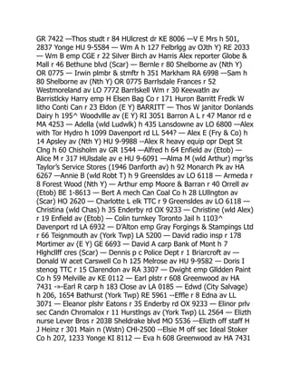 GR 7422 —Thos studt r 84 HUlcrest dr KE 8006 —V E Mrs h 501,
2837 Yonge HU 9-5584 — Wm A h 127 Felbrlgg av OJth Y) RE 2033
— Wm B emp CGE r 22 Silver Birch av Harris Alex reporter Globe 
Mall r 46 Bethune blvd (Scar) — Bernle r 80 Shelborne av (Nth Y)
OR 0775 — Irwin plmbr  stmftr h 351 Markham RA 6998 —Sam h
80 Shelborne av (Nth Y) OR 0775 Barrlsdale Frances r 52
Westmoreland av LO 7772 Barrlskell Wm r 30 Keewatln av
Barristlcky Harry emp H Elsen Bag Co r 171 Huron Barritt Fredk W
litho Conti Can r 23 Eldon (E Y) BARRITT — Thos W janitor Donlands
Dairy h 195^ Woodvllle av (E Y) RI 3051 Barron A L r 47 Manor rd e
MA 4253 — Adella (wld Ludwlk) h 435 Lansdowne av LO 6800 —Alex
with Tor Hydro h 1099 Davenport rd LL 544? — Alex E (Fry  Co) h
14 Apsley av (Nth Y) HU 9-9988 --Alex R heavy equip opr Dept St
Clng h 60 Chisholm av GR 1544 —Alfred h 64 Enfield av (Etob) —
Alice M r 317 HUlsdale av e HU 9-6091 —Alma M (wld Arthur) mgr’ss
Taylor’s Service Stores (1946 Danforth av) h 92 Monarch Pk av HA
6267 —Annie B (wld Robt T) h 9 Greensldes av LO 6118 — Armeda r
8 Forest Wood (Nth Y) — Arthur emp Moore  Barran r 40 Orrell av
(Etob) BE 1-8613 — Bert A mech Can Coal Co h 28 LUllngton av
(Scar) HO 2620 — Charlotte L elk TTC r 9 Greensldes av LO 6118 —
Christina (wld Chas) h 35 Enderby rd OX 9233 — Christine (wld Alex)
r 19 Enfield av (Etob) — Colin turnkey Toronto Jail h 1103^
Davenport rd LA 6932 — D’Alton emp Gray Forgings  Stampings Ltd
r 66 Teignmouth av (York Twp) LA 5200 — David radio insp r 178
Mortimer av (E Y) GE 6693 — David A carp Bank of Mont h 7
Hlghcllff cres (Scar) — Dennis p c Police Dept r 1 Briarcroft av —
Donald W acet Carswell Co h 125 Melrose av HU 9-9582 — Doris I
stenog TTC r 15 Clarendon av RA 3307 — Dwight emp Glldden Paint
Co h 59 Melville av KE 0112 — Earl plstr r 608 Greenwood av HA
7431 -»-Earl R carp h 183 Close av LA 0185 — Edwd (City Salvage)
h 206, 1654 Bathurst (York Twp) RE 5961 --Effle r 8 Edna av LL
3071 — Eleanor plshr Eatons r 35 Enderby rd OX 9233 — Elinor prlv
sec Candn Chromalox r 11 Hurstlngs av (York Twp) LL 2564 — Elizth
nurse Lever Bros r 203B Sheldrake blvd MO 5536 —Elizth off staff H
J Heinz r 301 Main n (Wstn) CHl-2500 --Elsie M off sec Ideal Stoker
Co h 207, 1233 Yonge KI 8112 — Eva h 608 Greenwood av HA 7431
 