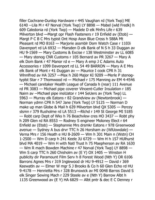 filler Cochrane-Dunlop Hardware r 445 Vaughan rd (York Twp) ME
6140 --Lila M r 47 Norval (York Twp) LY 8898 — Mabel (wld Fredk) h
609 Caledonia rd (York Twp) — Madele D elk Mnfrs Life r 639
Milverton blvd —Margt opr Flash Fasteners r 19 Enfield av (Etob) —
Margt P C B C Mrs typist Ont Hosp Assn Blue Cross h 588A Mt
Pleasant rd MO 8163 — Marjorie assmblr Dom Watch Case r 1103i
Davenport rd LA 6932 — Marsden D elk Bank of N S h 33 Duggan av
HU 9-1569 — Mary Customs  Excise r 138 Westminster av LL 6085
— Mary stenog CNR Customs r 105 Bernard av PR 3267 — Mary A
elk Dom Bank r 47 Manor rd e — Mary A emp J C Adams Auto
Accessories r 1099 Davenport rd LL 54 49 BARRON — Mary A E Mrs
elk Bank of Mont r 41 Duggan av — Maurice I cook CPR h 31
Wlnnlfred av HA 3257 —Max h 260 Major KI 9209 —Merle P stenog-
typlst Star r 7 Thomwood rd — Michael r 175 Manning av EM 4-4546
— Michael caretaker Health League of Canada h (rear) 111 Avenue
rd PR 3083 — Michael pipe coverer Vlnoent-Cutler Insulation r 185
Nairn av --Michael pipe insiUator r 144 SeUers av (York Twp) LL
5963 — Murray elk Eatons r 82 Grandview av (Newtonbrook) —
Norman ydmn CPR h 547 Jane (York Twp) LY 5125 — Norman D
make up man Globe  Mail h 639 Milverton blvd QX 5305 — Percey
slsmn r 379 Rusholme rd LA 5513 —Rlchd r 149 St George MI 5185
— Robt carp Dept of Wks h 76 Beachvlew cres HO 3437 — Robt phy
h 209 Glen rd RA 8553 — Rodney S engineer Moloney Elect r 64
Enfield av (Etob) — Stephannie Mrs drsmkr Eatons r 978 Greenwood
avenue — Sydney A bus drvr TTC h 26 Horsham av (WlUowdale) —
Verna Mrs r 156 Heath e HU 8-2609 — Wm h 301 Main n (Wstn) CH
1-2500 — Wm D carp h 241 Keele JU 6729 — Wm H h 157 HUlhurst
blvd MA 4019 — Wm H with Natl Trust h 75 Maepherson av RA 1630
— Wm R mach Bowden Machine r 47 Norval (York Twp) LY 8898 —
Wm S carp TTC h 260 Chisholm av (E Y) OX 1405 — Winston H
publicity dir Paramount Film Serv h 8 Forest Wood (Nth Y) OR 6106
Barrons Agnes Mrs r 319 Inglewood dr HU 9-4912 — David r 369
Keewatln av — Elmer W mgr S J Brooks  Co h 60 Glen Echo rd HU
9-4178 — Henrietta Mrs r 328 Brunswick av MI 0048 Barros David S
elk Singer Sewing Mach r 229 Steele av e (Nth Y) Barrow Albt h
1135 Greenwood av (E Y) HA 6829 — Albt pntr  dec E C Denney r
 