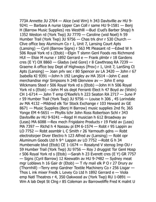773A Annette JU 2764 — Alice (wid Wm) h 343 Davlsvllle av HU 9-
9241 — Barbara A nurse Upper Can Coll r same HU 9-1581 — Benj
H (Barrow Music Supplies) res Westhlll —Bud ©ud’s Barber Shop) h
1352 Weston rd (York Twp) JU 7770 — Caroline (wid Noel) h 59
Humber Trail (York Twp) JU 9756 — Chas trk drvr r 530 Church —
Clive office boy Aluminum Co r 1, Unit 7, Lansing Court Apts
(Lansing) — Cyril (Barrow Signs) r 563 Mt Pleasant rd —Edwd W h
506 Royal York rd s (Etob) --Elgin T slsmn Genl Foods res Richmond
HUl — Elsie M nurse r 1892 Gerrard e — Frank plmbr r 18 Gardens
cres (E Y) OX 8860 — Gladys (wid Gore) r 8 Cawthrasq RA 7239 —
Graeme A office boy Dept of Highways (Prov) r 1, Unit 7, LanSing Ct
Apts (Lansing) — Joan prlv sec r 80 Spencer av LA 3420 — John r 67
Isabella KI 9391 —John h 192 Langley av HA 3514 --John C asst
merchandise mgr Simpsons h 248 Glenview av — John E emp
Wlckmans Steel r 506 Royal York rd s (Etob) —John H h 506 Royal
York rd s (Etob) —John M sis dept Ferranti Elect h 47 Boyd av (Wstn)
CH 1-6714 — John T emp O’Keefe’s h 223 Seaton RA 2717 — June P
r 59 Humber Trail (York Twp) JU 9756 — Louise h 306 , 45 Lorindale
av MA 4132 --Mildred elk Tor Stock Exchange r 103 Heward av GE
8671 — Music Supplies (Benj H Barrow) music supplies 2nd fir, 365
Yonge EM 4-5651 — Phyllis tchr John Ross Robertson Schl r 343
Davlsvllle av HU 9-9241 —Regd H musician h 612 Broadway av
(Leas) MA 6088 —Rex mech Frigidaire Products r 19 Field av (Leas)
MA 7397 — Rlchd h 4 Nassau pi EM 6-1574 — Robt r 95 Lappin av
LO 7752 — Robt assmblr L C Smith r 26 Yarmouth gdns — Robt
electrotsrper Diver Electro h 123 Alfred av (Lansing) — Robt opr
Aluminum Goods Ltd h 9^ Lappin av LO 7752 —Robt G h 34
Humbervale blvd (Etob) CE 1-1674 — Rosalynd V stenog Imp OU r
59 Humber Trail (York Twp) JU 9756 — Roy J druggist Tor Genl Hosp
r 506 Royal York rd s (Etob) —Sarah h 23 Everett cres (E Y) GR 7757
— Signs (Cyril Barrow) 12 Keewatln av HU 9-7482 — Sydney meat
mgr Loblaws h 16 Gair dr (Etob) — T rly mail elk P O r 27 Drury av
(Thornhill) --Terry emp Gardner Textile Machinery Co r 256 Lisgar —
Thos L ink mixer Fredk L Levey Co Ltd h 1892 Gerrard e — Viola
emp Natl Theatres r 4, 350 Oakwood av (York Twp) RU 1-0891 —
Wm A lab Dept St Clng r 85 Coleman av Barroweliffe Fred K malnt U
 