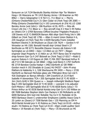 Sorauren av LA 7134 Barskutls Stanley kitchen hlpr Tor Western
Hosp r 26 Wascana av TR 1419 Barsky Annie r 28 Braemar av MO
8962 — Harry telegrapher C N Tel h C, 711 Bloor w — Morris
(Ontario Chesterfield Co) h 21 Glen Cedar rd (York Twp) OR 2085 —
Philip (Ontario Chesterfield Co) h 193 Lonsmount dr (Fst H) LO 1268
Barsley Annie (wid John) r 186 Rushton rd OL 4575 — Nita elk
Crown Life Ins r 711 Bloor w — Roy aircraft insp A V Roe h 44 Fatika
av (Wstn) CH 1-2769 Barsness Clifford brusher Frlgidalre Products r
158 Dawes rd (E Y) BARSON Barson Albt stkpr Genl Prntg Ink h 186
Gilbert av (York Twp) KE 1796 — Allan G maint Union Station h 6,
235 Vaughan rd (York Twp) RU 1-0209 Barsotta Frank instailler
Northern Electric h 38 Rhydwen av (Scar) OX 7624 — Gordon h 47
Wroxeter av HA 1581 Barsottl Harold shpr United Steel h 27
Northcote av ME 6771 Barsottle Eleanor Invoice elk Eatons h 60
Symington av LA 6903 —Geo r 13 Atkin av LA 7977 —Regan
engineer Dept Property h 13 Atkin av LA 7977 Barss Geo W machine
shop foremn Gair Co h 247 Blcknell av (York Twp) LY 6517 —Robt G
suprvsr Eatons h 110 Esgore dr (Nth Y) MA 3927 Barstead Arthur R
elk P O h 98 Oakvale av GE 0860 —Olga (wid Benj) h 1797 Dufferln
KE 2719 Barstow Cecilia hsekpr r 2463 Danforth av GR 9988 --
Gordon mech h 192 Dlvadale dr (Leas) HU 94257 --John M emp
Mathers  Haldenby h 1, 538 Sherbourne PR 3459 — Percy r 2720
Danforth av Barsvarl Nicholas glass wkr Fllklngton Bros Can Ltd h
426 Osslngton av Barsys Alfreda r 284 Crawford LA 2114 Bart
Isabelle H stewardess TCA r 205 Springdale blvd (E Y) RI 6028 —
Jim (Jim’s Grill) h 594 Queen w — Joseph millwright Wedlock Paper
Bag h 205 Springdale blvd (E Y) RI 6028 — Leonard J ins adjuster
Genl Motors r 205 Springdale blvd (E Y) RI 6028 Barta Julius r 73
Prince Arthur av KI 0536 Bartal Konsta emp Gair Co h 193 Willow av
GR 7698 Bartalos Stephen btehr Can Packers h 50 McRoberts av KE
6690 Bartanus Wm tool mkr Reliable Toy Co h 51 Parkdale rd OL
4693 Barteaux Owen C underwriter Employers Liability Assce Corp h
25 Larkin av (Swan) LY 7308 Bartek Geo r 135 Manning av EM 4-
4619 Bartel Arnold prsr h 43 Robina av (York Twp) LA 0110 --Arthur
studt r 43 Robina av (York Twp) LA 0110 —Elgin credit auditor Genl
Motors r 19 Ronald av (York Twp) — Mary r 35 Brunswick av MI
 