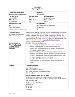 SYLLABUS 
                                      Beginning Algebra 
                                                 
Course Title and Number:                      Instructor: 
MTH 60 – Beginning Algebra                    Sarah Miller 
Year and Term:                  Course Credits:             Office Location: 
Summer 2013                     4                           Skype: Lightsyrup 
Office Phone:                   Office Hours:               Class Location: 
503‐812‐0085                    Any                         Online 
Meeting Time/Days:                            Email Address: 
Any                                           Sarahmiller7@u.boisestate.edu 
Web Page Address:                             Fax Number: 
http://corksea.wordpress.com                  n/a 
                                                 
Course Description         Introduction to algebraic concepts and processes with a focus on linear
(as it appears in the approved    equations and inequalities in one and two variables. Applications,
College Course Outline)           graphs, functions, formulas, and proper mathematical notation are
                                  emphasized throughout the course. A scientific calculator is required.
                                  Prerequisites: MTH 20 and RD 80 (or ESOL 250). Audit available. (For
                                  detailed information, see the Course Content and Outcome
                                  Guide [OPENS IN NEW WINDOW]).
Course Objectives                 Intended Outcomes for the course
Reflecting Expected                     Use a variable to represent an unknown in a simple linear
Student Learning                        problem, create a linear equation that represents the
Outcomes                                situation, and find the solution to the problem using algebraic
                                        concepts covered in class.
                                       Recognize a linear pattern in ordered paired data collected or
                                        observed, calculate and interpret the rate of change (slope) in
                                        the data, create a linear model using two data points, and use
                                        the observed pattern to make predictions.
                                       Be successful in future coursework that requires an
                                        understanding of the basic algebraic concepts covered in the
                                        course.
                                   
Grading                           Course Requirements:  
                                   
 
                                  30% ‐ “Quick Quizzes” 
                                  30% ‐ “Comprehensive Quizzes” 
                                  20% ‐ Misc. Discussion Forums and Activities 
                                  20% ‐ Final Exam 
                                   
                                  Policies on Missed Exams and Late Work: 
                                  No late work will be accepted, except in the case of extenuating 
                                  circumstances. Please contact me, if you either have missed a deadline or 
                                  plan on missing one. 
                                   
                                  Grading Scale and Standards: 
                                  A – 90‐100% 
                                  B – 80‐89% 
                                  C – 70‐79% 
                                  D – 60‐69% 


O of I - 3.26.12
 