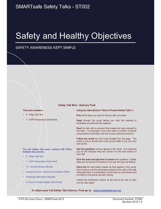 Safety and Health Objectives Safety Talk