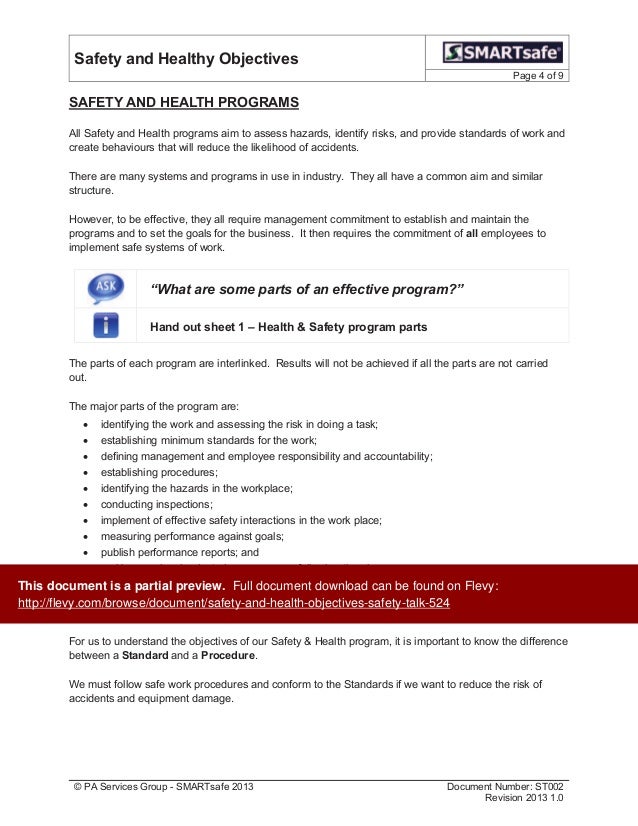 Safety and Health Objectives Safety Talk