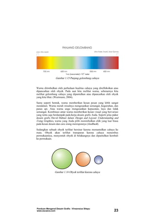 Gambar 1.15 Panjang gelombang cahaya
Warna ditimbulkan oleh perbedaan kualitas cahaya yang direfleksikan atau
dipancarkan oleh obyek. Pada saat kita melihat warna, sebenarnya kita
melihat gelombang cahaya yang dipantulkan atau dipancarkan oleh obyek
yang kita lihat. (Wartmann, 2004).
Sama seperti bentuk, warna memberikan kesan pesan yang lebih sangat
mendalam. Warna merah misalnya mengesankan semangat, kegairahan, dan
panas api. Atau warna ungu mengesankan kepucatan, layu dan tidak
semangat. Kombinasi antar warna memberikan kesan visual yang bervariasi
yang tentu saja berdampak pada kerja desain grafis Anda. Seperti jelas pakar
desain grafis David Dabner dalam Design and Layout: Understanding and
Using Graphics, warna yang Anda pilih menimbulkan efek yang luar biasa
pada kesan desain dan cara orang meresponnya (feedback).
Sedangkan sebuah obyek terlihat bersinar karena memantulkan cahaya ke
mata. Obyek akan terlihat transparan karena cahaya menembus
permukaannya, menyentuh obyek di belakangnya dan dipantulkan kembali
ke permukaan.
Gambar 1.16 Obyek terlihat karena cahaya
Panduan Mengenal Desain Grafis - Vinsensius Sitepu
www.escaeva.com 23
 