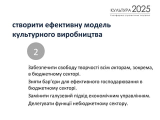 створити ефективну модель
культурного виробництва
Забезпечити свободу творчості всім акторам, зокрема,
в бюджетному секторі.
Зняти бар’єри для ефективного господарювання в
бюджетному секторі.
Замінити галузевий підхід економічним управлінням.
Делегувати функції небюджетному сектору.
2
 