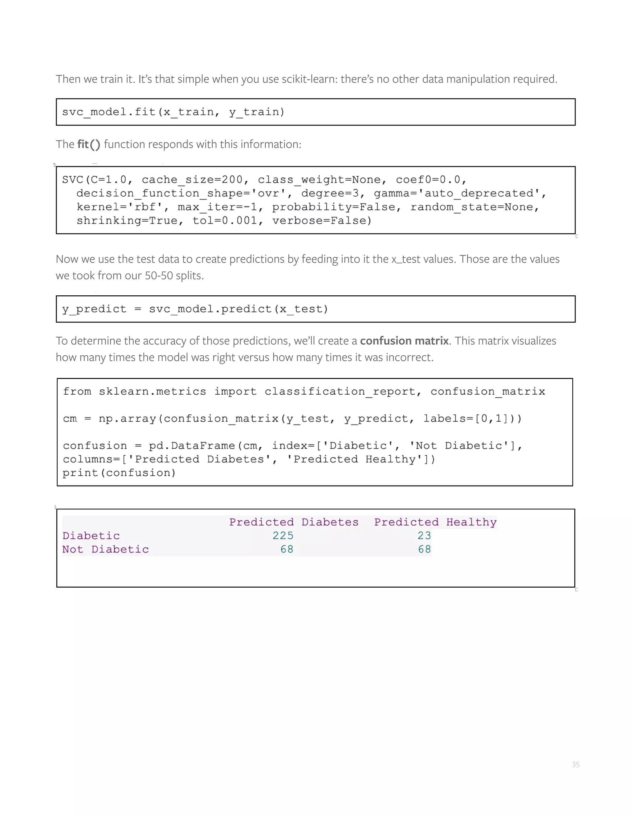 35
Then we train it. It’s that simple when you use scikit-learn: there’s no other data manipulation required.
The fit() function responds with this information:
Now we use the test data to create predictions by feeding into it the x_test values. Those are the values
we took from our 50-50 splits.
To determine the accuracy of those predictions, we’ll create a confusion matrix. This matrix visualizes
how many times the model was right versus how many times it was incorrect.
 