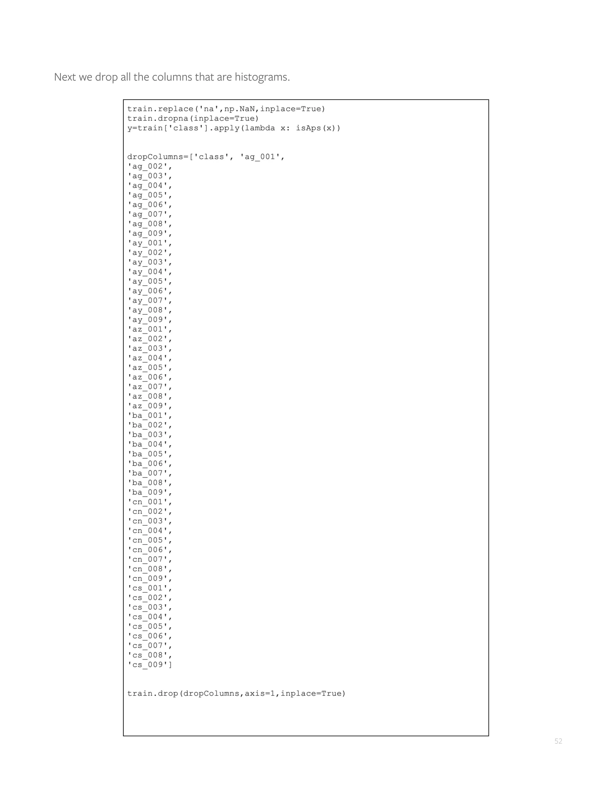 52
Next we drop all the columns that are histograms.
 