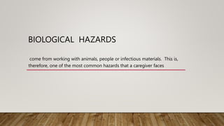 BIOLOGICAL HAZARDS
come from working with animals, people or infectious materials. This is,
therefore, one of the most common hazards that a caregiver faces
 