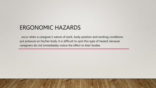 ERGONOMIC HAZARDS
occur when a caregiver’s nature of work, body position and working conditions
put pressure on his/her body. It is difficult to spot this type of hazard, because
caregivers do not immediately notice the effect to their bodies
 
