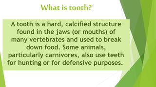 A tooth is a hard, calcified structure
found in the jaws (or mouths) of
many vertebrates and used to break
down food. Some animals,
particularly carnivores, also use teeth
for hunting or for defensive purposes.
What is tooth?
 