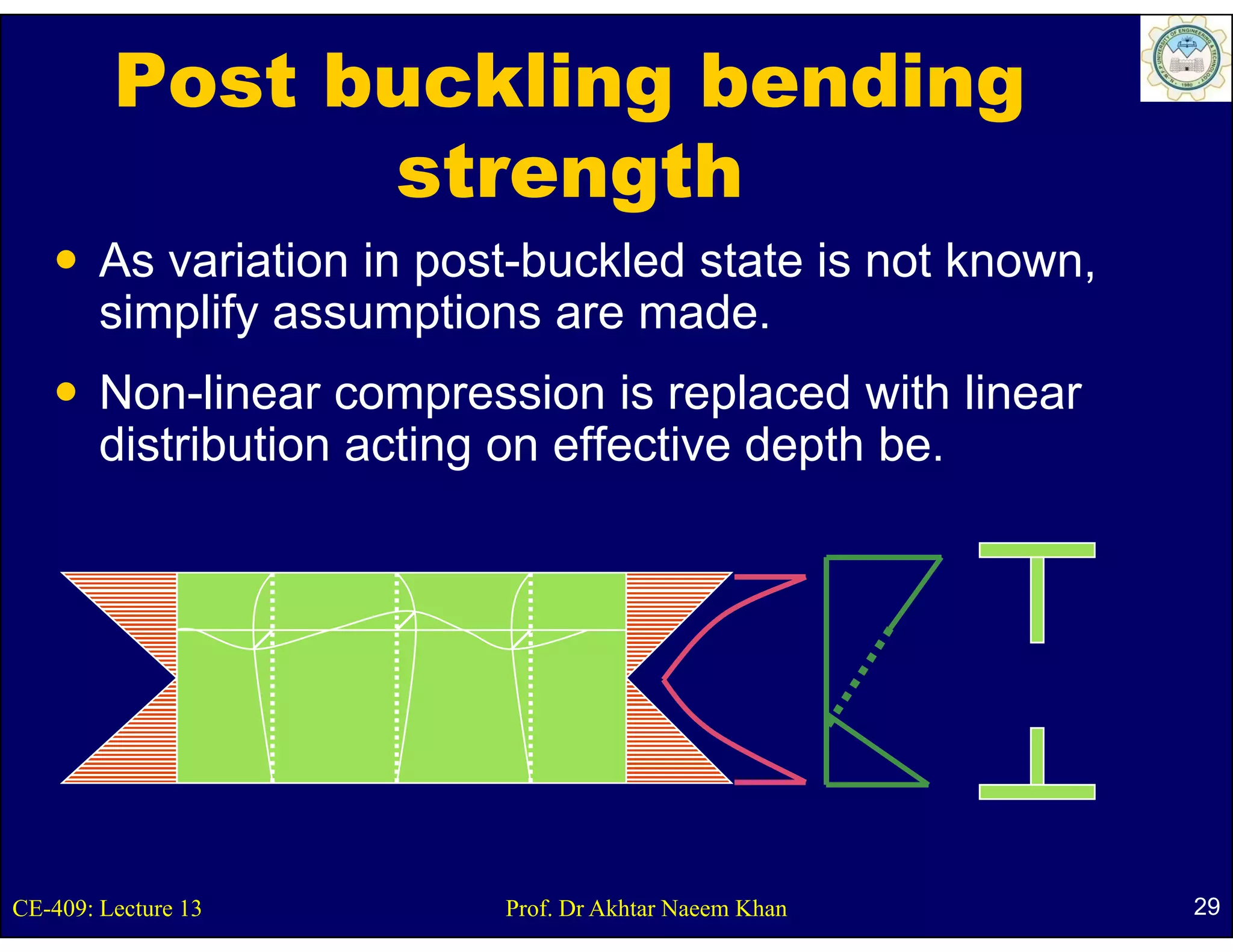 Post buckling bending
               strength
        As
        A variation i post-buckled state i not k
               i ti in    t b kl d t t is t known,
        simplify assumptions are made.
        Non-linear compression is replaced with linear
        distribution acting on effective depth be.




CE-409: Lecture 13         Prof. Dr Akhtar Naeem Khan    29
 
