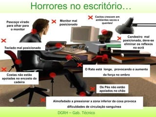Horrores no escritório… DGRH – Gab. Técnico   Costas não estão apoiadas no encosto da cadeira Os Pés não estão apoiados no chão O Rato está  longe,  provocando o aumento da força no ombro Teclado mal posicionado Monitor mal posicionado Candeeiro  mal posicionado, deve-se eliminar os reflexos no ecrã Cactos crescem em ambientes secos e quentes! Pescoço virado para olhar para o monitor Almofadado a pressionar a zona inferior da coxa provoca dificuldades de circulação sanguínea  