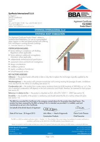 Certificado BBA - Aislamiento con productos Synthesia para rehabilitación de cubiertas