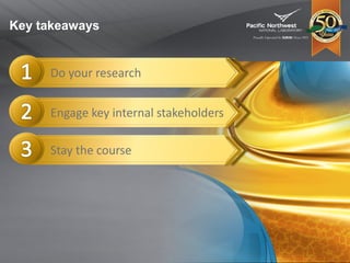 Key takeaways
Do your research
Stay the course
Engage key internal stakeholders
 