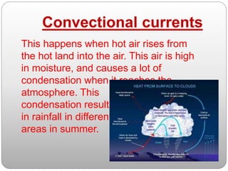 Convectional currents
This happens when hot air rises from
the hot land into the air. This air is high
in moisture, and causes a lot of
condensation when it reaches the
atmosphere. This
condensation results
in rainfall in different
areas in summer.
 