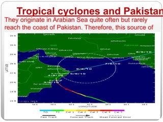 Tropical cyclones and Pakistan
They originate in Arabian Sea quite often but rarely
reach the coast of Pakistan. Therefore, this source of
rainfall is totally unreliable.
 