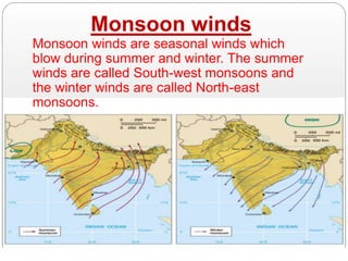Monsoon winds
Monsoon winds are seasonal winds which
blow during summer and winter. The summer
winds are called South-west monsoons and
the winter winds are called North-east
monsoons.
 